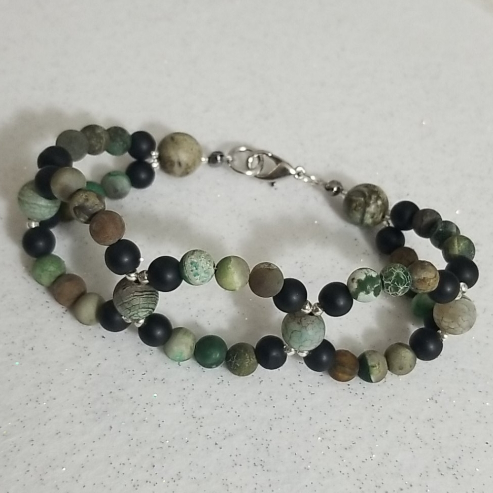 Green agate, matte black artisan beaded bracelet